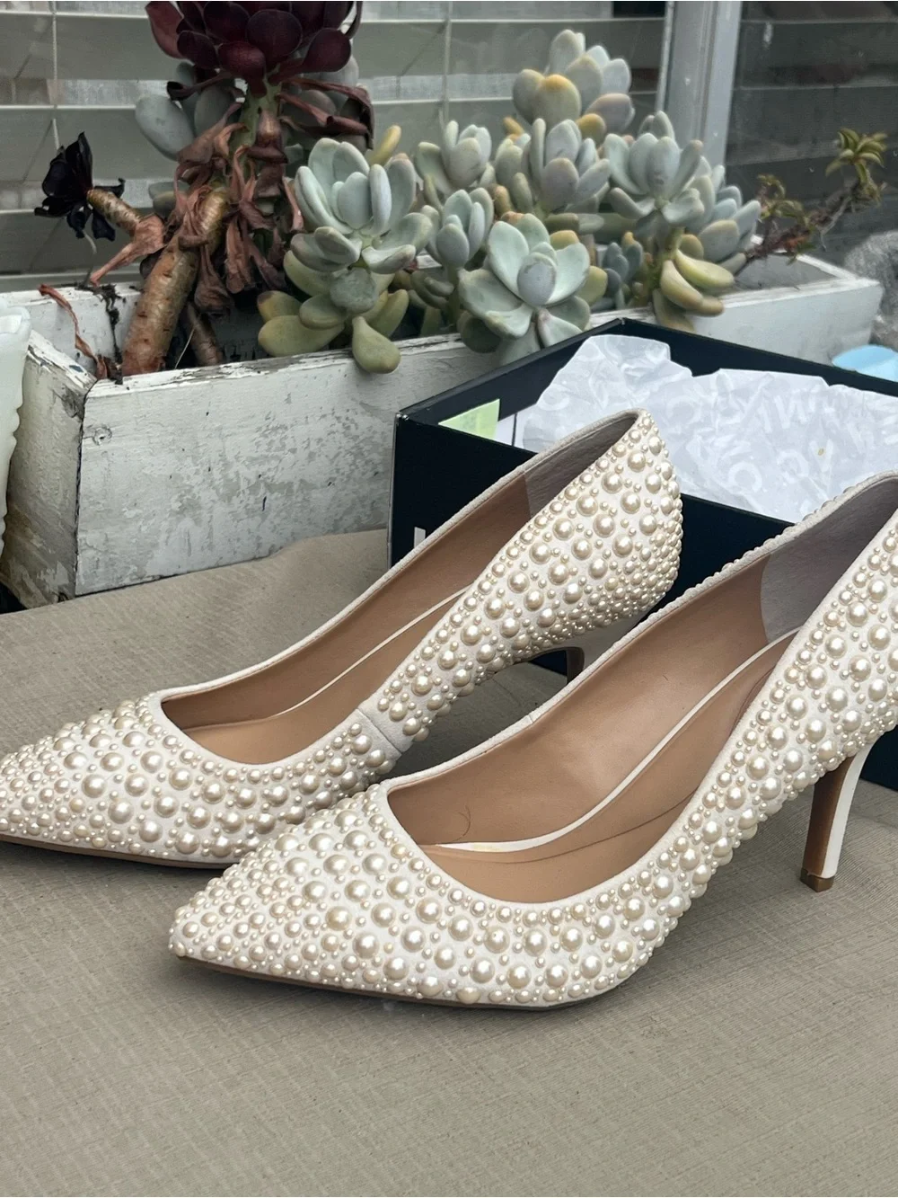 INC International Concepts Pearl-Embellished Pointed Flats in Ivory Cream